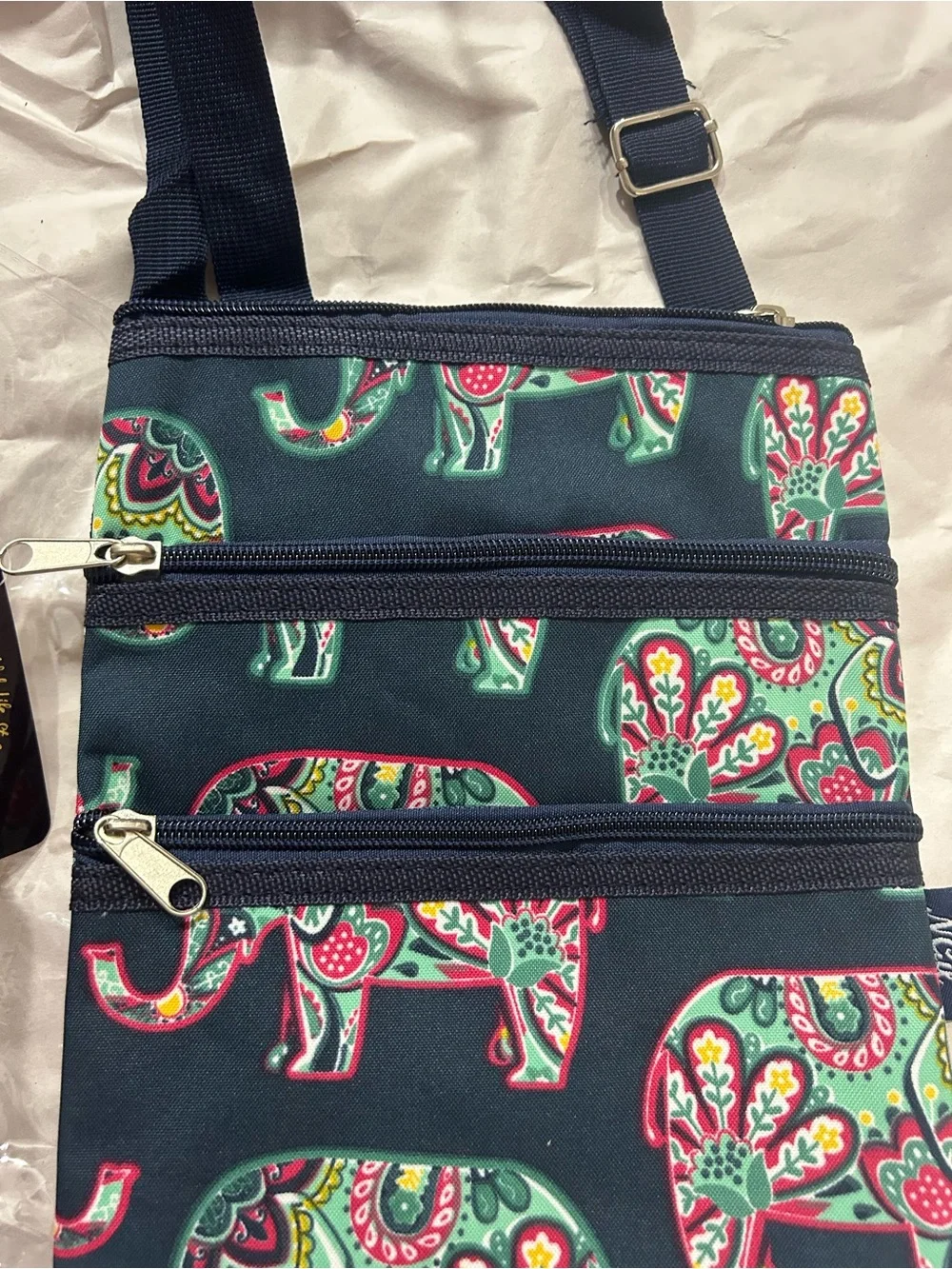 Navy Elephant Print Triple Zip Women’s crossbody
